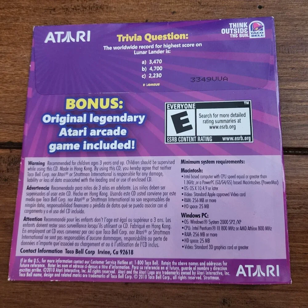 Atari Lunar Lander Taco Bell Promo PC Game Disc NEW Sealed